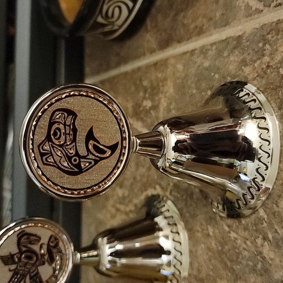 Set of 3 Silver Coloured and Copper Bells with BC First Nations Artwork - Picture 2 of 14